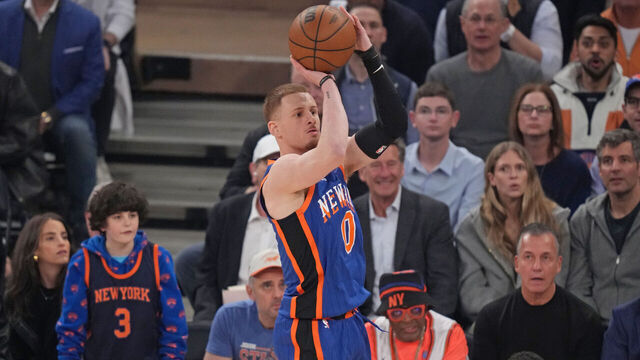 NEW YORK, NY - MAY 14: Donte Divincenzo #0 of the New York Knicks shoots a three point basket during the game against the Indiana Pacers during Round 2 Game 5 of the 2024 NBA Playoffs on May 14, 2024 at Madison Square Garden in New York City, New York. Mandatory Copyright Notice: Copyright 2024 NBAE