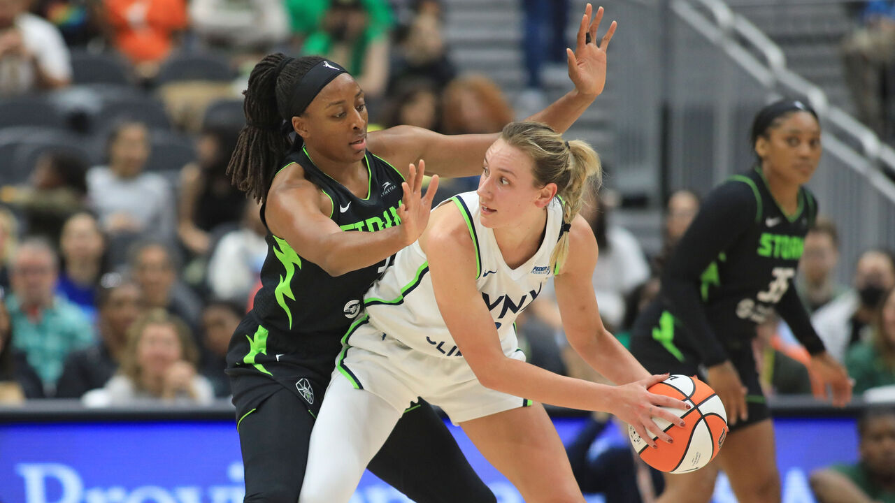 SEATTLE, WA - MAY 14: Alanna Smith #8 of the Minnesota Lynx looks to pass the ball during the game against the Seattle Storm on May 14, 2024 at Climate Pledge Arena in Seattle, Washington. Mandatory Copyright Notice: Copyright 2024 NBAE