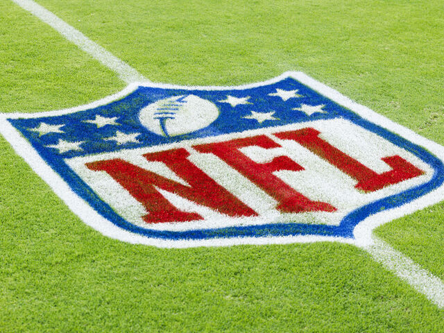 GLENDALE, ARIZONA - AUGUST 19: Detail view of an NFL Shield logo during a game between the Kansas City Chiefs and the Arizona Cardinals at State Farm Stadium on August 19, 2023 in Glendale, Arizona.