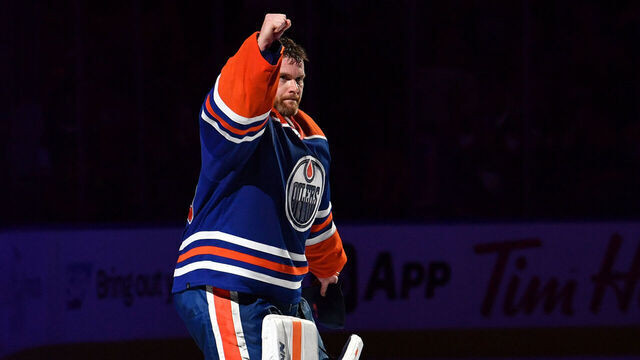 EDMONTON, CANADA - MAY 14: Goaltender Calvin Pickard #30 of the Edmonton Oilers salutes the fans after his team's win over the Vancouver Canucks after Game Four of the Second Round of the 2024 Stanley Cup Playoffs at Rogers Place on May 14, 2024, in Edmonton, Alberta, Canada.