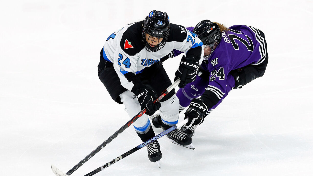 ST PAUL, MINNESOTA - MAY 13: Natalie Spooner #24 of Toronto and Abby Boreen #24 of Minnesota compete for the puck in the third period in Game Three of the Semi-Finals of the PWHL Playoffs at Xcel Energy Center on May 13, 2024 in St Paul, Minnesota. Minnesota defeated Toronto 2-0.