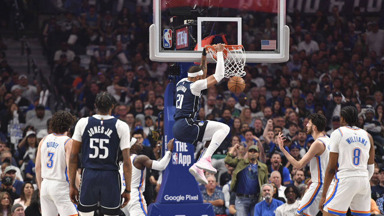 DALLAS, TX - MAY 13: Daniel Gafford #21 of the Dallas Mavericks dunks the ball during the game against the Oklahoma City Thunder during Round 2 Game 4 of the 2024 NBA Playoffs on May 13, 2024 at the American Airlines Center in Dallas, Texas. Mandatory Copyright Notice: Copyright 2024 NBAE