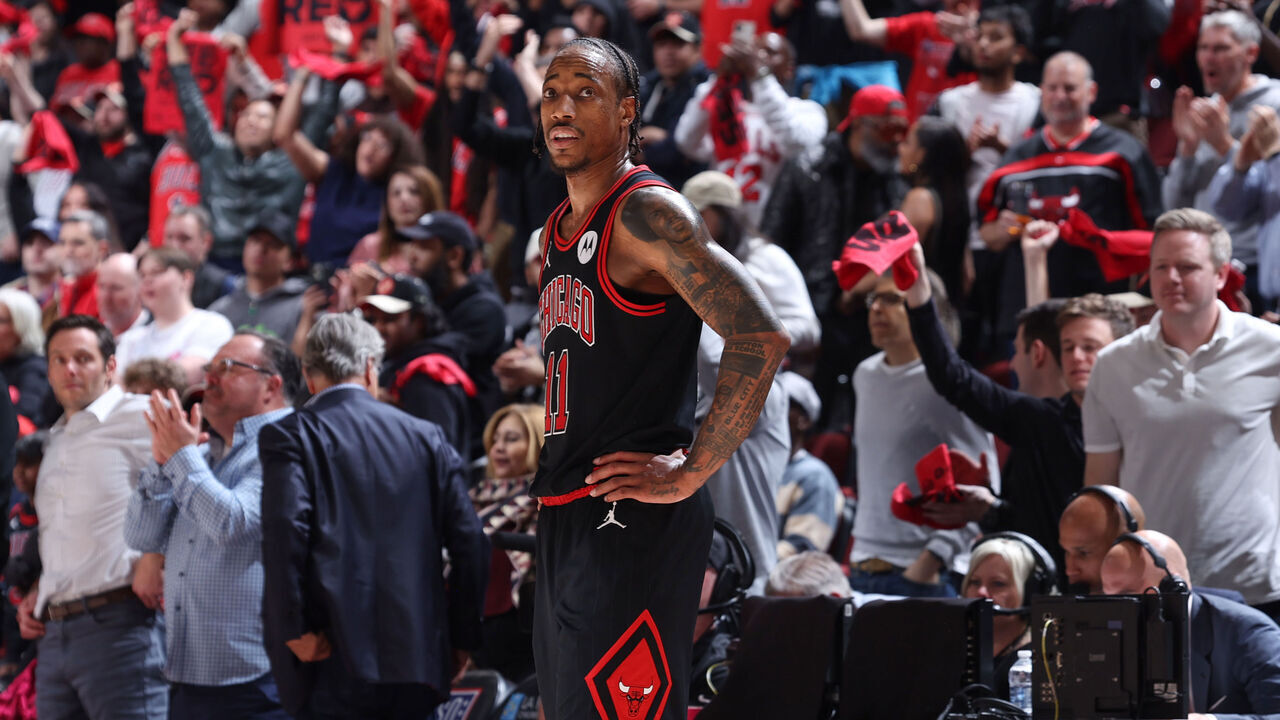 CHICAGO, IL - APRIL 17: DeMar DeRozan #11 of the Chicago Bulls looks on during the game against the Atlanta Hawks during the 2024 Play-In Tournament on April 17, 2024 at United Center in Chicago, Illinois. Mandatory Copyright Notice: Copyright 2024 NBAE