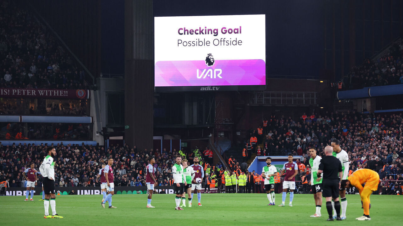 BIRMINGHAM, ENGLAND - MAY 13: VAR checks and disallows a goal by Ollie Watkins of Aston Villa during the Premier League match between Aston Villa and Liverpool FC at Villa Park on May 13, 2024 in Birmingham, England.
