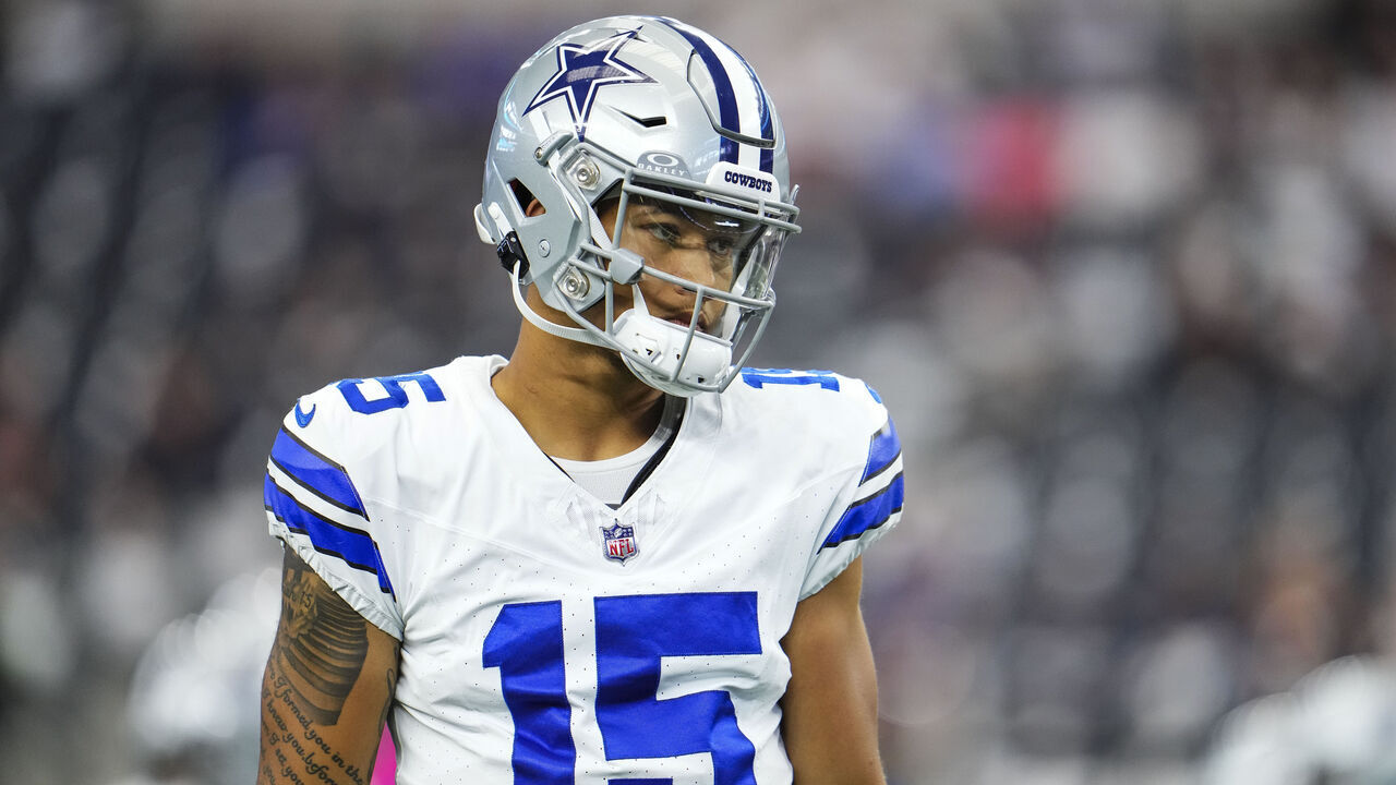 ARLINGTON, TX - OCTOBER 01: Trey Lance #15 of the Dallas Cowboys warms up at AT&T Stadium on October 1, 2023 in Arlington, Texas.