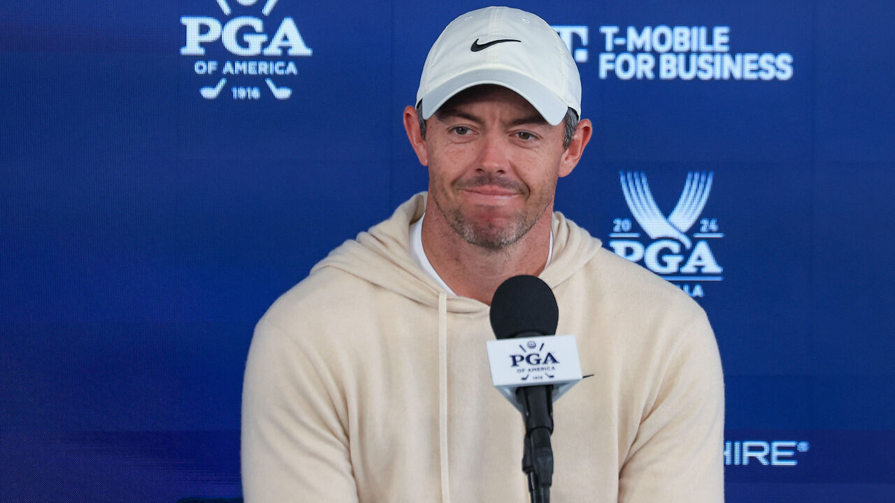 LOUISVILLE, KENTUCKY - MAY 15: Rory McIlroy of Northern Ireland speaks to the media at his pre-tournament press conference prior to the 2024 PGA Championship at Valhalla Golf Club on May 15, 2024 in Louisville, Kentucky.