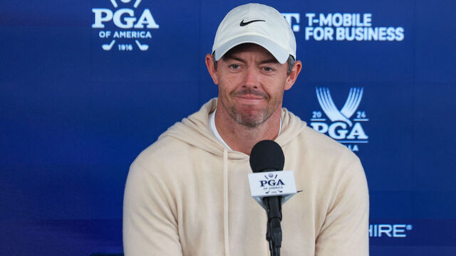 LOUISVILLE, KENTUCKY - MAY 15: Rory McIlroy of Northern Ireland speaks to the media at his pre-tournament press conference prior to the 2024 PGA Championship at Valhalla Golf Club on May 15, 2024 in Louisville, Kentucky.
