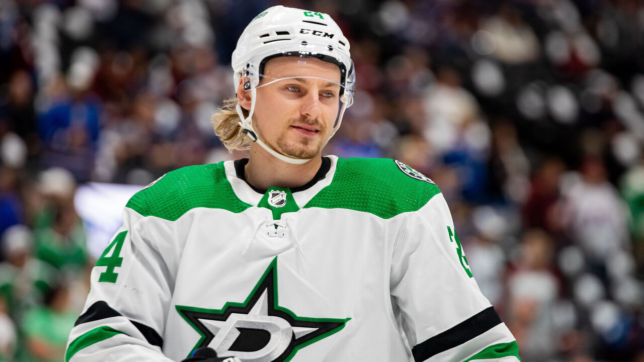 DENVER, COLORADO - MAY 13: Roope Hintz #24 of the Dallas Stars skates in warmups ahead of Game Four of the Second Round of the Stanley Cup Playoffs against the Colorado Avalanche at Ball Arena on May 13, 2024 in Denver, Colorado.