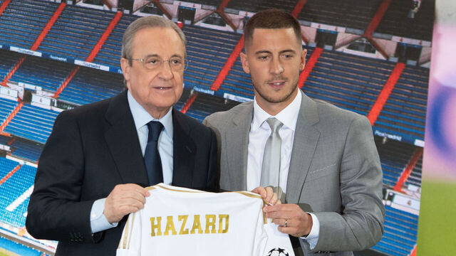 MADRID, SPAIN - JUNE 13: President of Real Madrid Florentino Perez with Eden Hazard of Real Madrid are seen prior to the press conference of Real Madrid at Estadio Santiago Bernabeu on June 13, 2019 in Madrid, Spain.