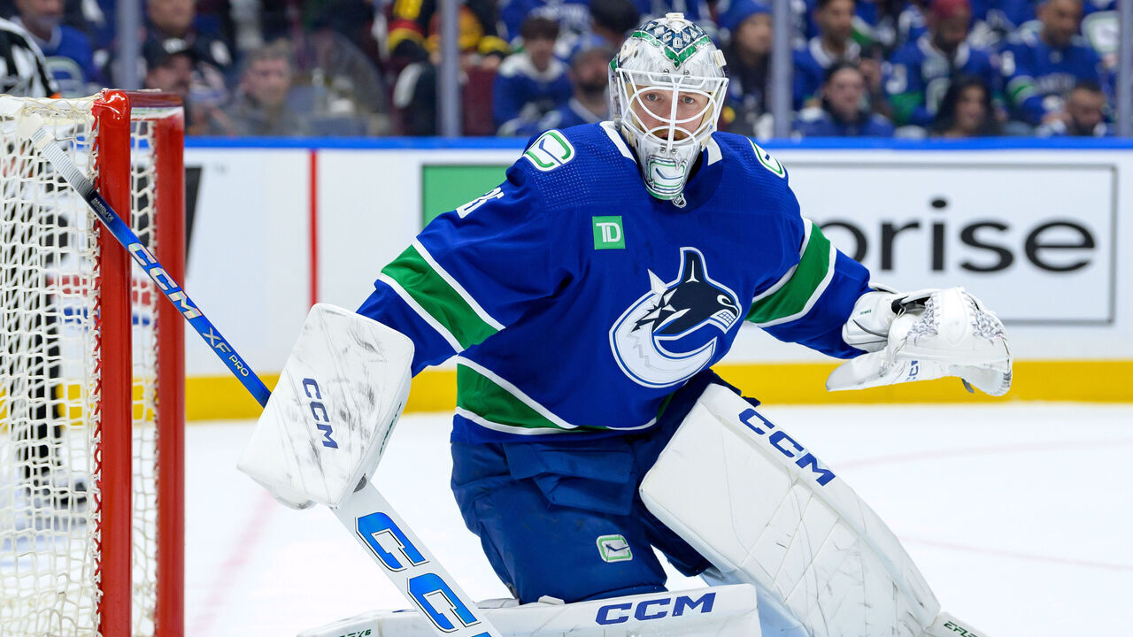 VANCOUVER, CANADA - APRIL 21: Thatcher Demko #35 of the Vancouver Canucks in net during the second period in Game One of the First Round of the 2024 Stanley Cup Playoffs against the Nashville Predators at Rogers Arena on April 21, 2024 in Vancouver, British Columbia, Canada.