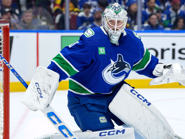 VANCOUVER, CANADA - APRIL 21: Thatcher Demko #35 of the Vancouver Canucks in net during the second period in Game One of the First Round of the 2024 Stanley Cup Playoffs against the Nashville Predators at Rogers Arena on April 21, 2024 in Vancouver, British Columbia, Canada.