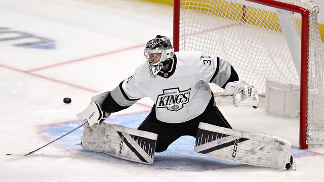 Los Angeles, CA - April 13: Goalie David Rittich #31 of the Los Angeles Kings blocks a shot against the Anaheim Ducks during the first period of a NHL hockey game at Crypto.com Arena in Los Angeles on Saturday, April 13, 2024.