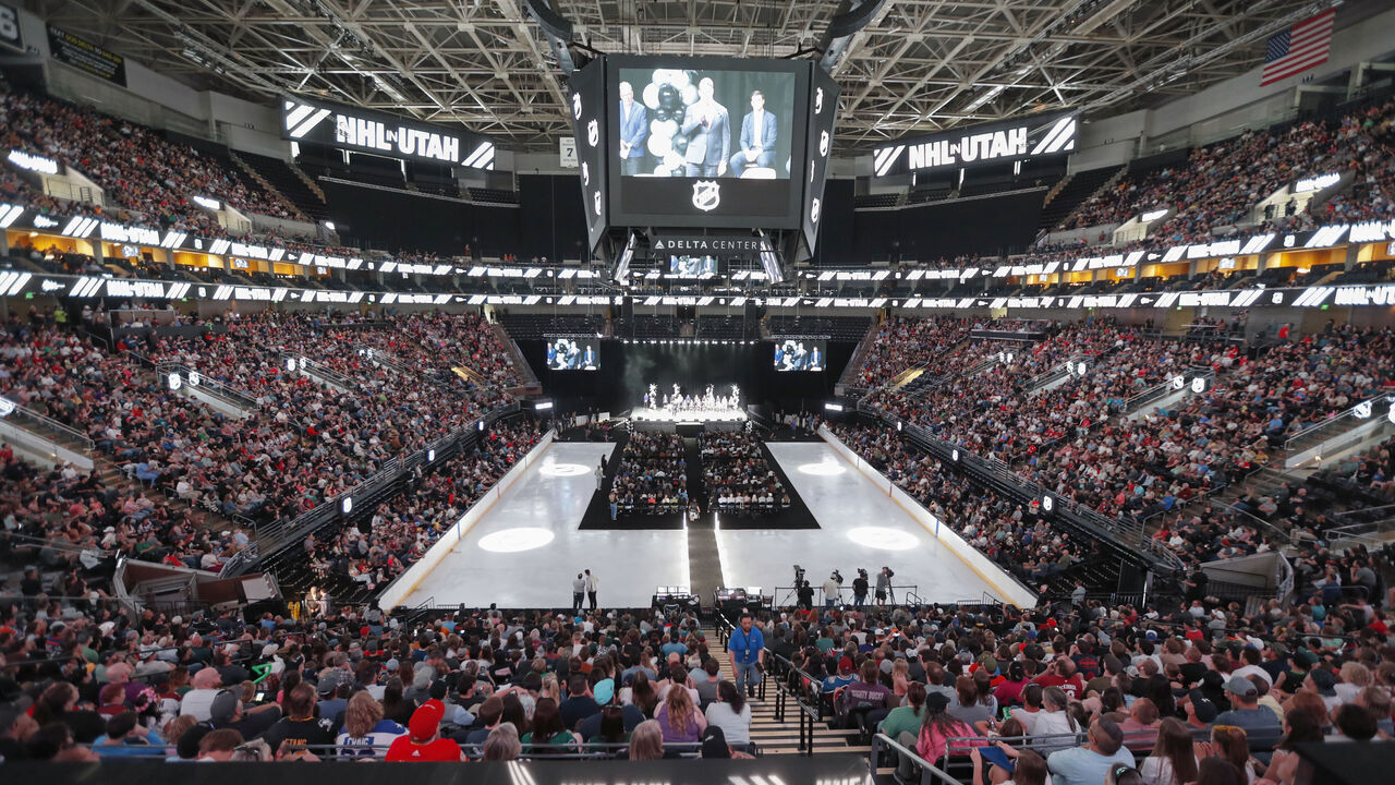 SALT LAKE CITY, UT - APRIL 24: A general view is seen as the yet to be named NHL Utah hockey team players are introduced to the fans at the sold out Delta Center on April 24, 2024 in Salt Lake City, Utah. The NHL has allowed the sale of the Arizona Coyotes and the team will relocate to Salt Lake City, Utah.
