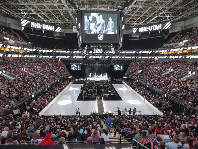 SALT LAKE CITY, UT - APRIL 24: A general view is seen as the yet to be named NHL Utah hockey team players are introduced to the fans at the sold out Delta Center on April 24, 2024 in Salt Lake City, Utah. The NHL has allowed the sale of the Arizona Coyotes and the team will relocate to Salt Lake City, Utah.