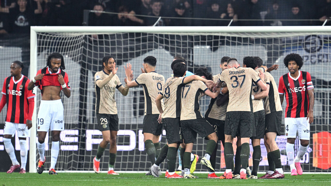 PSG's players celebrate the second goal during the French L1 football match between OGC Nice and Paris Saint-Germain (PSG) at the Allianz Riviera Stadium in Nice, south-eastern France, on May 15, 2024.