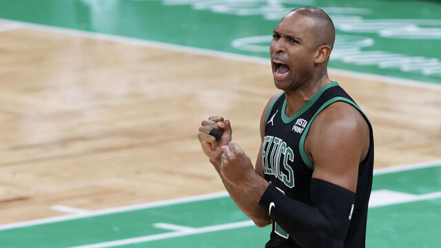 BOSTON, MASSACHUSETTS - MAY 15: Al Horford #42 of the Boston Celtics celebrates against the Cleveland Cavaliers during the second quarter in Game Five of the Eastern Conference Second Round Playoffs at TD Garden on May 15, 2024 in Boston, Massachusetts.
