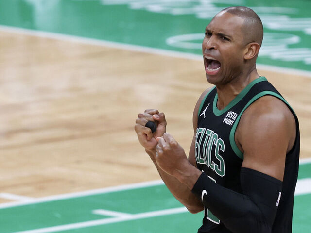 BOSTON, MASSACHUSETTS - MAY 15: Al Horford #42 of the Boston Celtics celebrates against the Cleveland Cavaliers during the second quarter in Game Five of the Eastern Conference Second Round Playoffs at TD Garden on May 15, 2024 in Boston, Massachusetts.