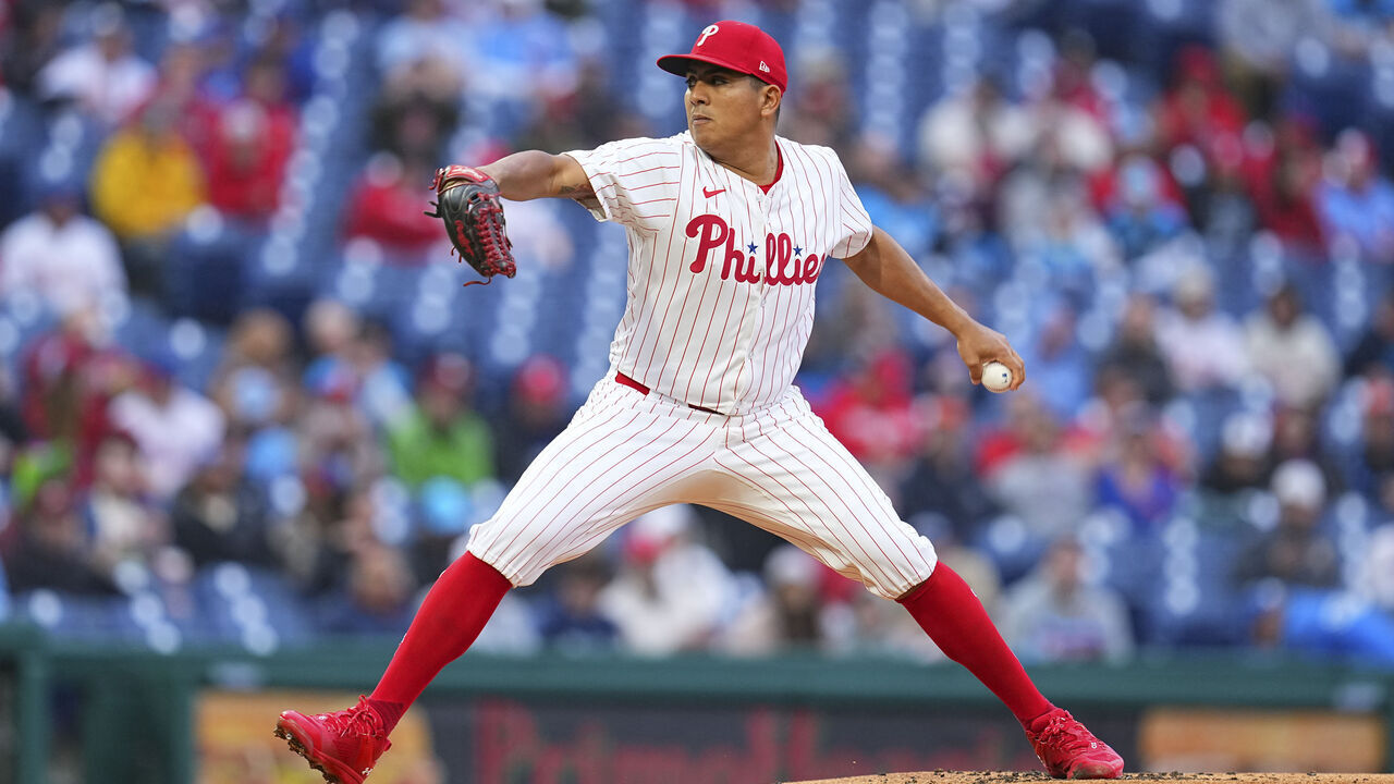 PHILADELPHIA, PENNSYLVANIA - MAY 15: Ranger Suarez #55 of the Philadelphia Phillies throws a pitch in the top of the first inning against the New York Mets at Citizens Bank Park on May 15, 2024 in Philadelphia, Pennsylvania.