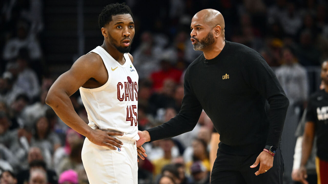 CLEVELAND, OHIO - APRIL 20: Donovan Mitchell #45 listens to head coach J.B. Bickerstaff of the Cleveland Cavaliers of game one of the Eastern Conference First Round Playoffs at Rocket Mortgage Fieldhouse on April 20, 2024 in Cleveland, Ohio. The Cavaliers defeated the Magic 97-83.