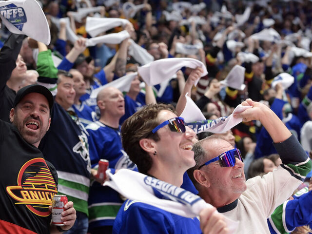 VANCOUVER, BRITISH COLUMBIA - MAY 10: Vancouver Canucks fans cheer during the second period against the Edmonton Oilers in Game Two of the Second Round of the 2024 Stanley Cup Playoffs at Rogers Arena on May 10, 2024 in Vancouver, British Columbia.