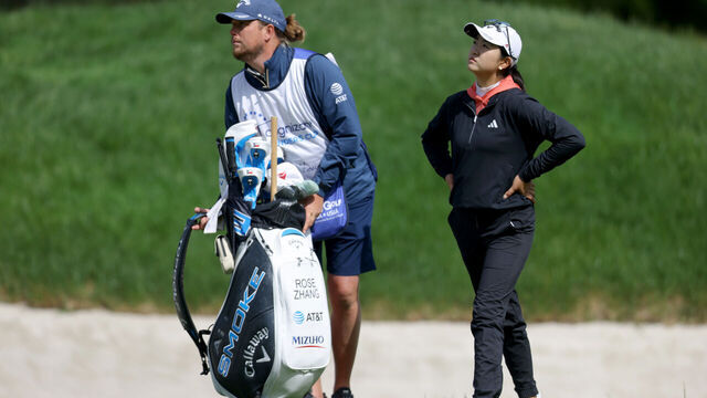 CLIFTON, NEW JERSEY - MAY 12: Rose Zhang of the United States and her caddie looks on from the 13th hole during the final round of the Cognizant Founders Cup at Upper Montclair Country Club on May 12, 2024 in Clifton, New Jersey.