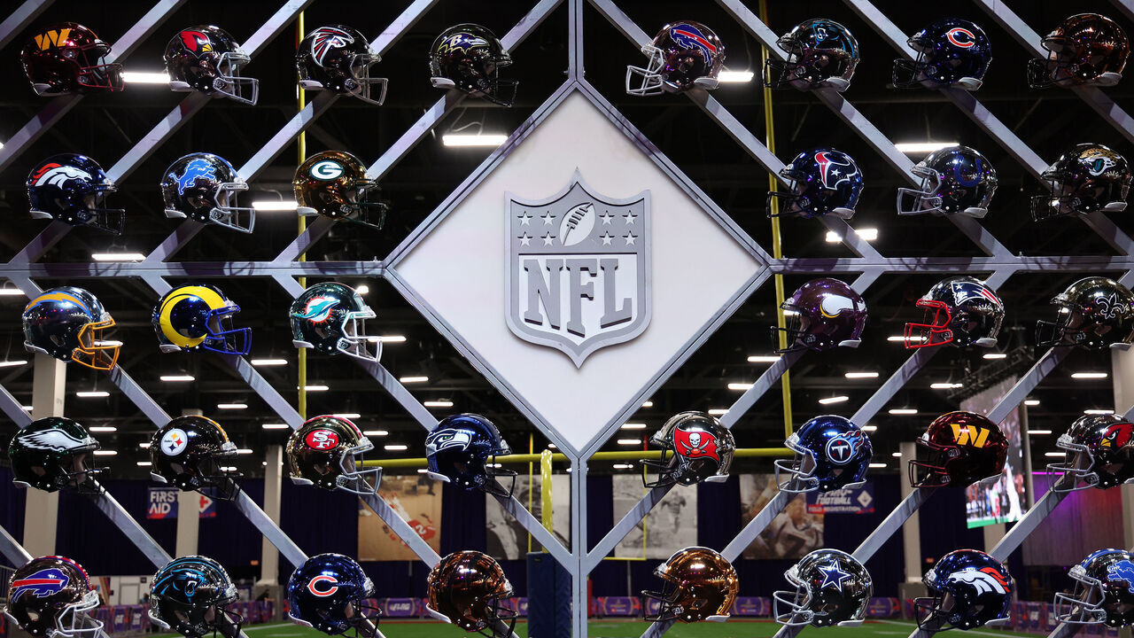 LAS VEGAS, NEVADA - FEBRUARY 06: A general view of NFL logo displayed in the NFL Super Bowl Experience ahead of Super Bowl LVIII on February 06, 2024 in Las Vegas, Nevada.