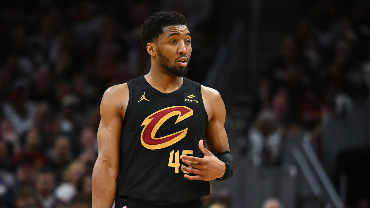 CLEVELAND, OHIO - APRIL 30: Donovan Mitchell #45 of the Cleveland Cavaliers reacts during the fourth quarter of game five of the Eastern Conference First Round Playoffs against the Orlando Magic at Rocket Mortgage Fieldhouse on April 30, 2024 in Cleveland, Ohio. The Cavaliers defeated the Magic 104-103.