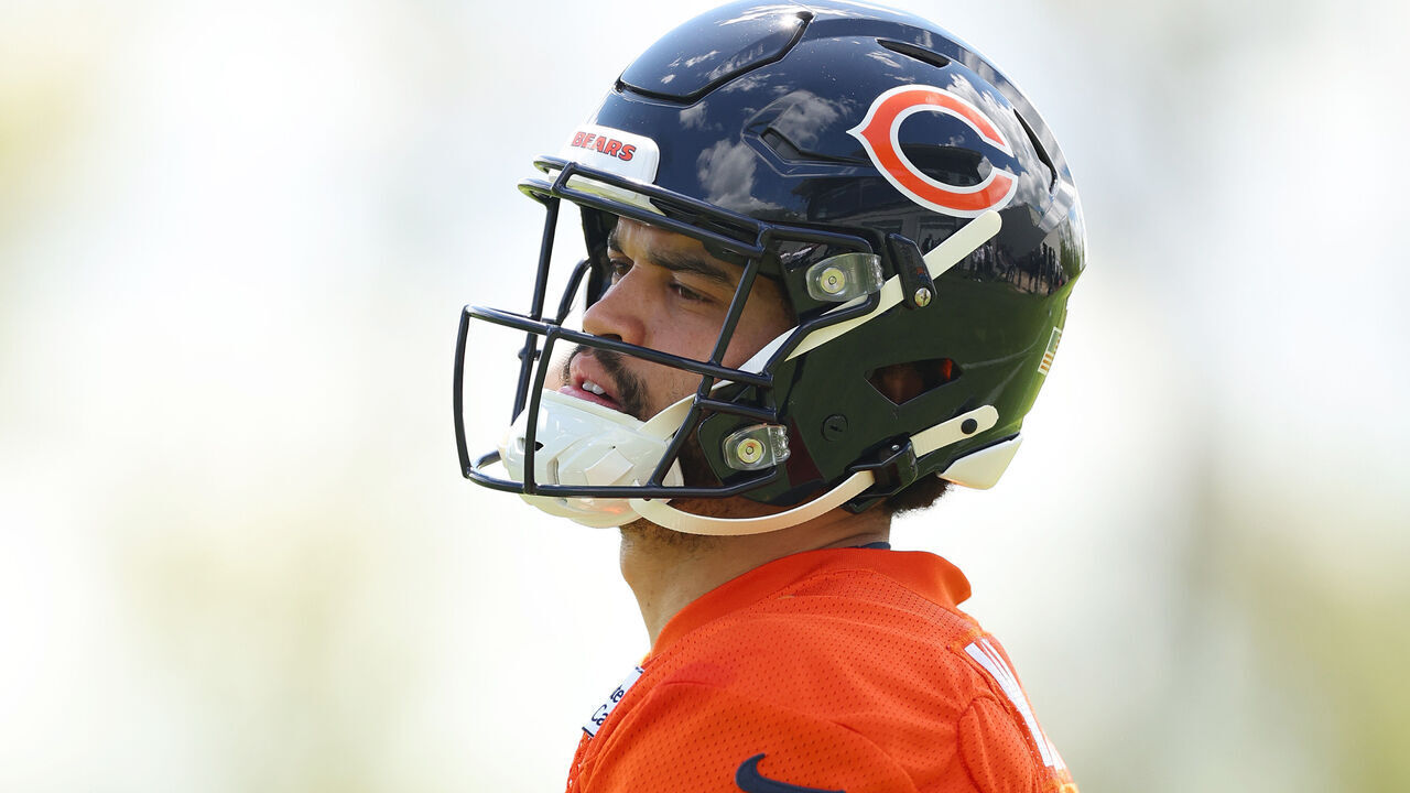 LAKE FOREST, ILLINOIS - MAY 11: Caleb Williams #18 of the Chicago Bears looks on during Chicago Bears Rookie Minicamp at Halas Hall on May 11, 2024 in Lake Forest, Illinois.