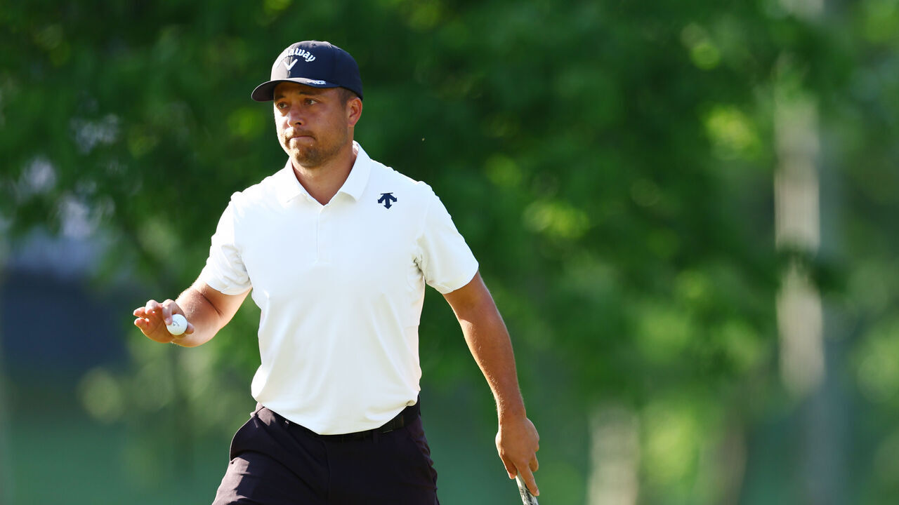 LOUISVILLE, KENTUCKY - MAY 16: Xander Schauffele of the United States reacts on the 11th green during the first round of the 2024 PGA Championship at Valhalla Golf Club on May 16, 2024 in Louisville, Kentucky.
