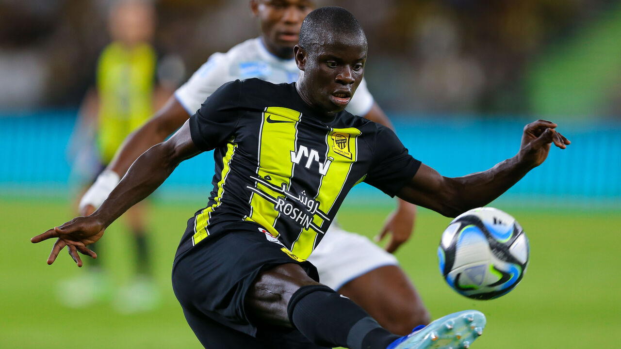 JEDDAH, SAUDI ARABIA - MARCH 8: Ngolo Kante of Al Ittihad controls the ball during the Saudi Pro League match between Al-Ittihad and Al Akhdoud at Prince Abdullah Al Faisal Stadium on March 8, 2024 in Jeddah, Saudi Arabia.