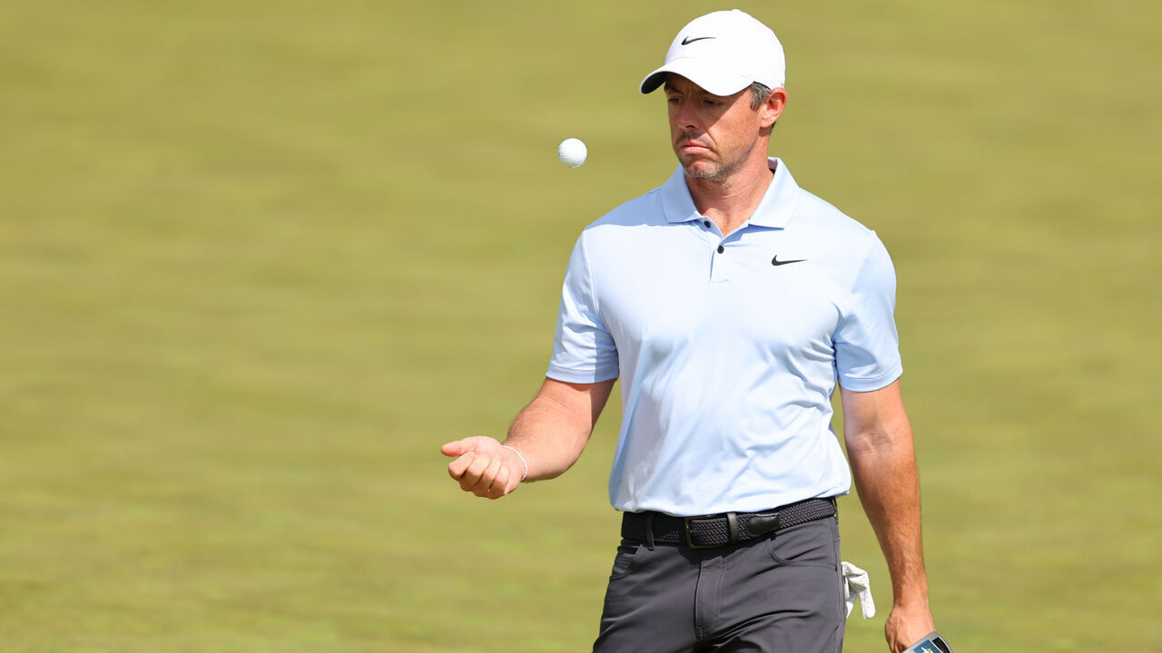 LOUISVILLE, KENTUCKY - MAY 16: Rory McIlroy of Northern Ireland tosses his ball on the 16th green during the first round of the 2024 PGA Championship at Valhalla Golf Club on May 16, 2024 in Louisville, Kentucky.