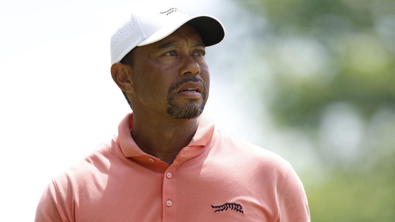 LOUISVILLE, KY - MAY 16: Tiger Woods watches his shot during the first round of the PGA Championship, May 16, 2024, at Valhalla Golf Club in Louisville, Kentucky.
