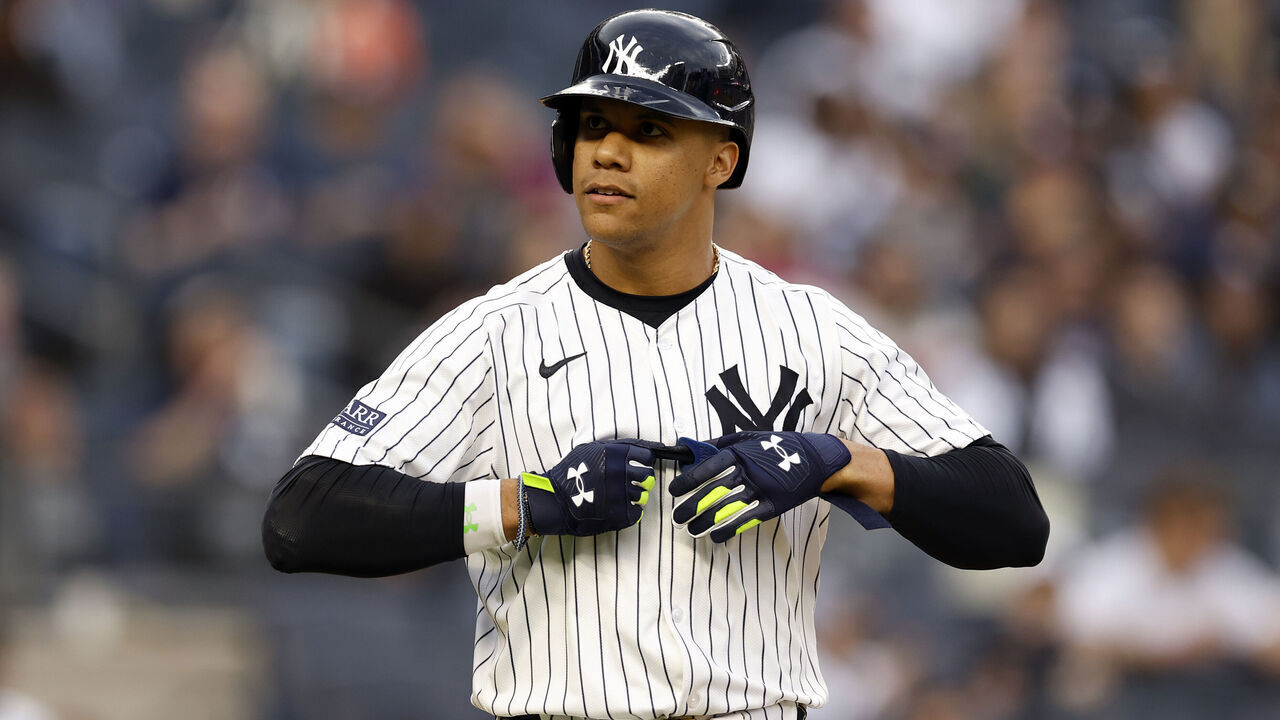NEW YORK, NEW YORK - MAY 09: Juan Soto #22 of the New York Yankees in action during the fourth inning against the Houston Astros at Yankee Stadium on May 09, 2024 in the Bronx borough of New York City.