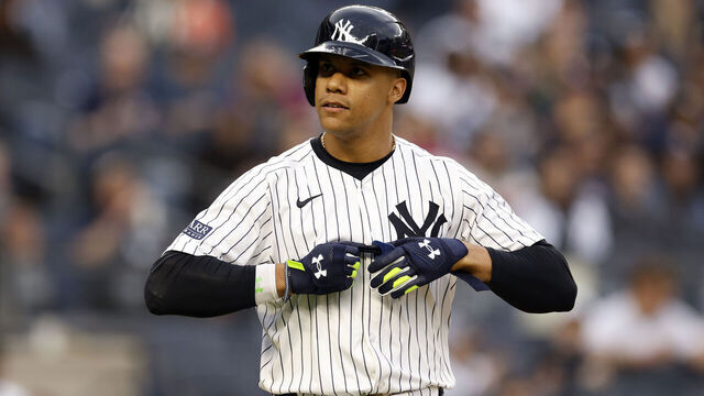 NEW YORK, NEW YORK - MAY 09: Juan Soto #22 of the New York Yankees in action during the fourth inning against the Houston Astros at Yankee Stadium on May 09, 2024 in the Bronx borough of New York City.