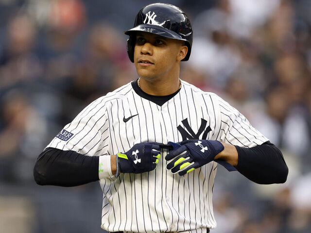 NEW YORK, NEW YORK - MAY 09: Juan Soto #22 of the New York Yankees in action during the fourth inning against the Houston Astros at Yankee Stadium on May 09, 2024 in the Bronx borough of New York City.