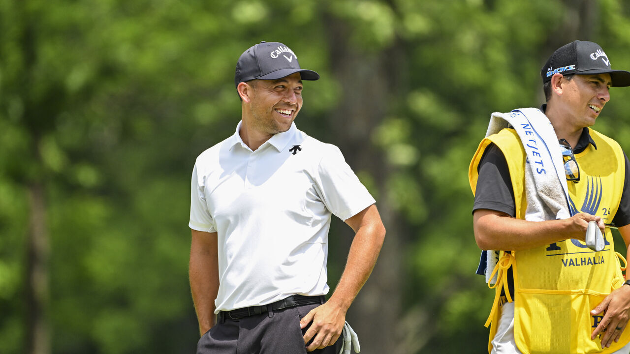 LOUISVILLE, KENTUCKY - MAY 16: Xander Schauffele smiles on the eighth hole green during the first round of the 106th PGA Championship at Valhalla Golf Club on May 16, 2024 in Louisville, Kentucky.