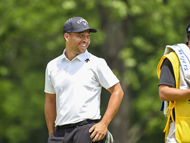 LOUISVILLE, KENTUCKY - MAY 16: Xander Schauffele smiles on the eighth hole green during the first round of the 106th PGA Championship at Valhalla Golf Club on May 16, 2024 in Louisville, Kentucky.