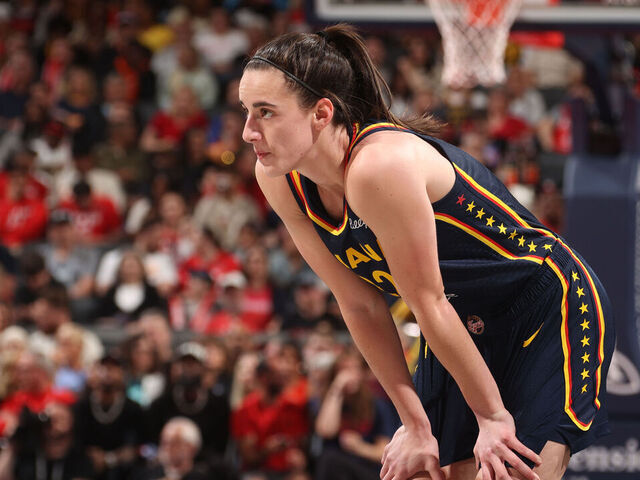 INDIANAPOLIS, IN - MAY 16: Caitlin Clark #22 of the Indiana Fever looks on during the game against the New York Liberty on May 16, 2024 at Gainbridge Fieldhouse in Indianapolis, Indiana. Mandatory Copyright Notice: Copyright 2024 NBAE