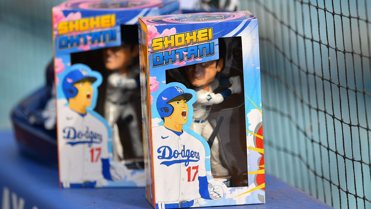 LOS ANGELES, CA - MAY 16: The Los Angeles Dodgers designated hitter Shohei Ohtani bobblehead giveaway before the MLB game between the Cincinnati Reds and the Los Angeles Dodgers on May 16, 2024 at Dodger Stadium in Los Angeles, CA.
