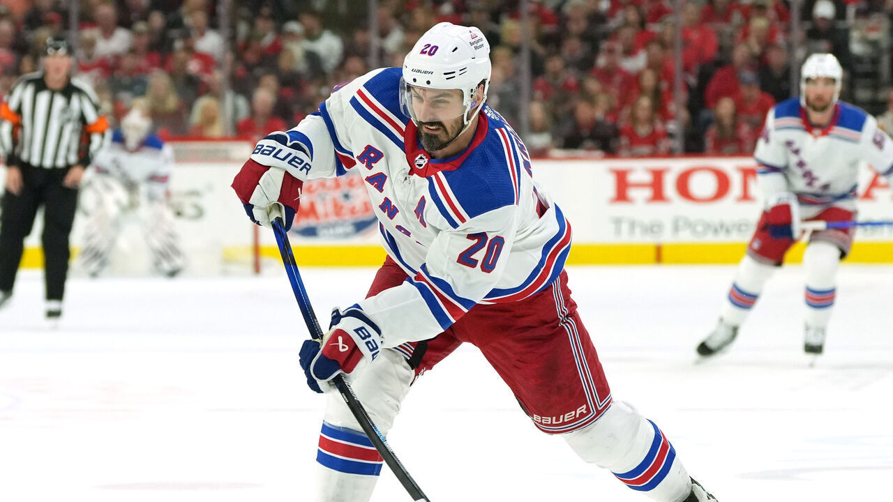 RALEIGH, NORTH CAROLINA - MAY 16: Chris Kreider #20 of the New York Rangers shoots the puck against the Carolina Hurricanes during the first period in Game Six of the Second Round of the 2024 Stanley Cup Playoffs at PNC Arena on May 16, 2024 in Raleigh, North Carolina.