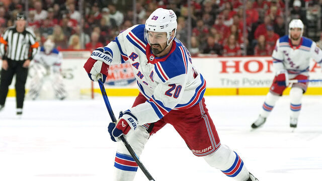 RALEIGH, NORTH CAROLINA - MAY 16: Chris Kreider #20 of the New York Rangers shoots the puck against the Carolina Hurricanes during the first period in Game Six of the Second Round of the 2024 Stanley Cup Playoffs at PNC Arena on May 16, 2024 in Raleigh, North Carolina.