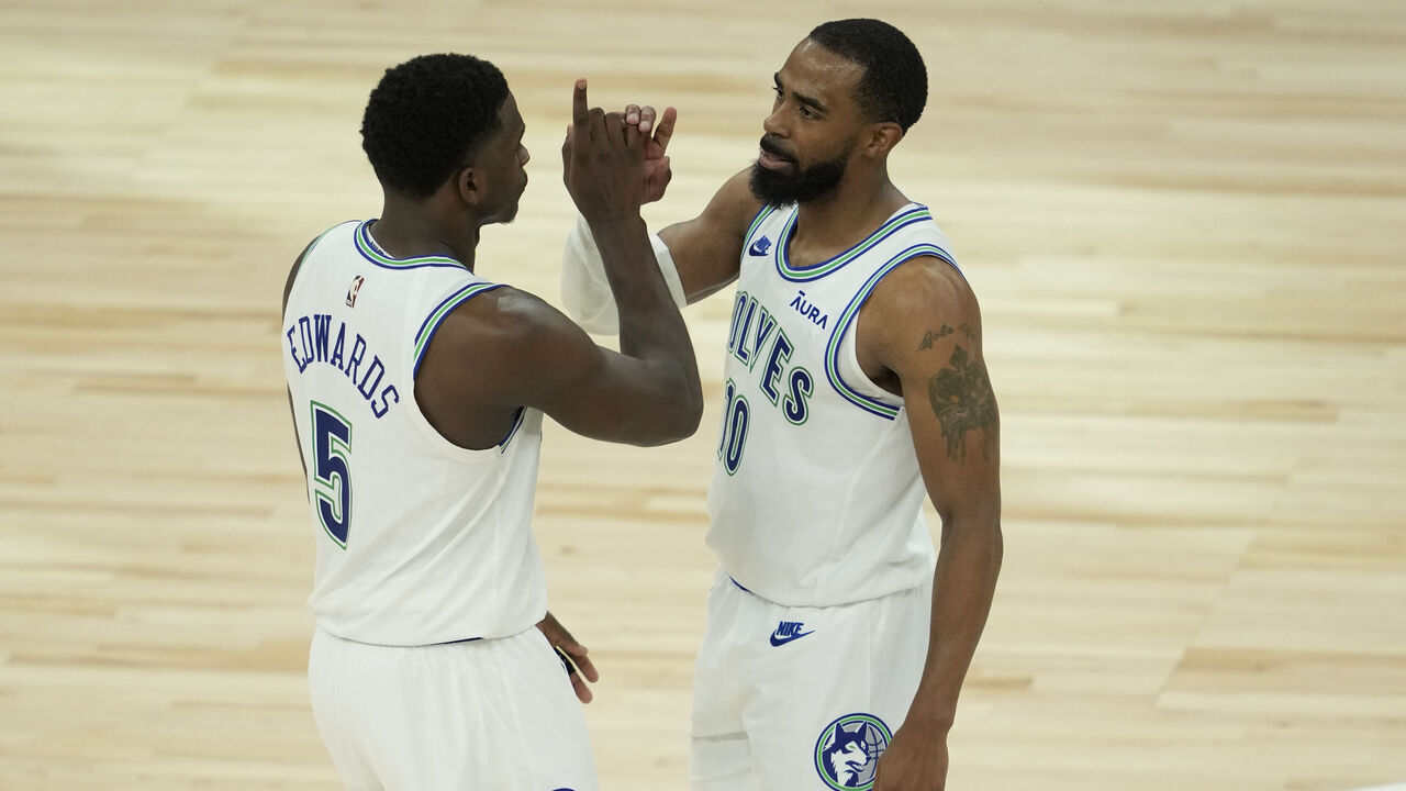 MINNEAPOLIS, MN - MAY 16: Anthony Edwards #5 of the Minnesota Timberwolves celebrates a dunk during the game against the Denver Nuggets during Round 2 Game 6 of the 2024 NBA Playoffs on May 16, 2024 at Target Center in Minneapolis, Minnesota. Mandatory Copyright Notice: Copyright 2024 NBAE