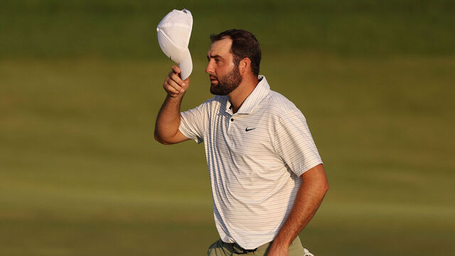 LOUISVILLE, KENTUCKY - MAY 16: Scottie Scheffler of the United States reacts to the crowd on the 18th green during the first round of the 2024 PGA Championship at Valhalla Golf Club on May 16, 2024 in Louisville, Kentucky.