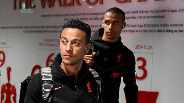 LIVERPOOL, ENGLAND - APRIL 22: (THE SUN OUT, THE SUN ON SUNDAY OUT) Kostas Tsimikas, Thiago Alcantara and Joel Matip of Liverpool arriving before the Premier League match between Liverpool FC and Nottingham Forest at Anfield on April 22, 2023 in Liverpool, England.