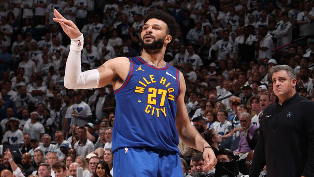 MINNEAPOLIS, MN - MAY 16: Jamal Murray #27 of the Denver Nuggets looks on during the game against the Minnesota Timberwolves during Round 2 Game 6 of the 2024 NBA Playoffs on May 16, 2024 at Target Center in Minneapolis, Minnesota. Mandatory Copyright Notice: Copyright 2024 NBAE