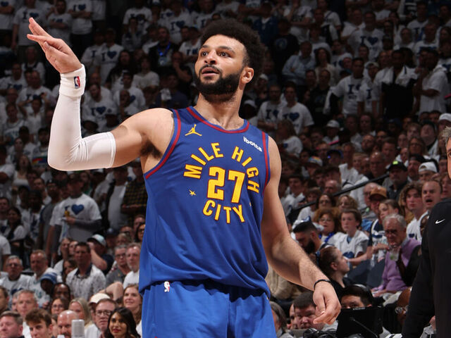 MINNEAPOLIS, MN - MAY 16: Jamal Murray #27 of the Denver Nuggets looks on during the game against the Minnesota Timberwolves during Round 2 Game 6 of the 2024 NBA Playoffs on May 16, 2024 at Target Center in Minneapolis, Minnesota. Mandatory Copyright Notice: Copyright 2024 NBAE