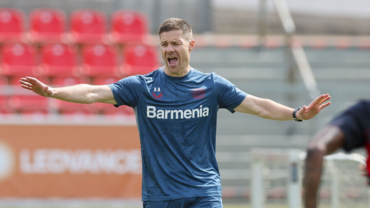 LEVERKUSEN, GERMANY - MAY 15: head coach Xabi Alonso of Bayer 04 Leverkusen gestures during the training session of the Bayer 04 Leverkusen Media Day on May 15, 2024 in Leverkusen, Germany.