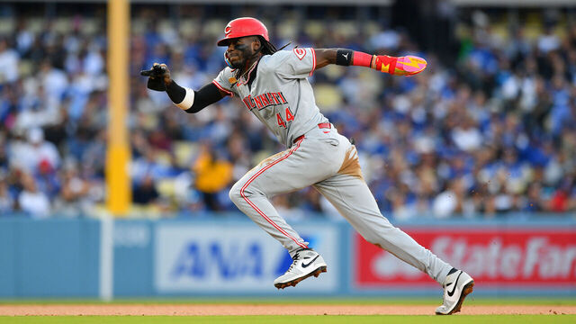 LOS ANGELES, CA - MAY 16: Cincinnati Reds shortstop Elly De La Cruz (44) attempts to steal third base during the MLB game between the Cincinnati Reds and the Los Angeles Dodgers on May 16, 2024 at Dodger Stadium in Los Angeles, CA.