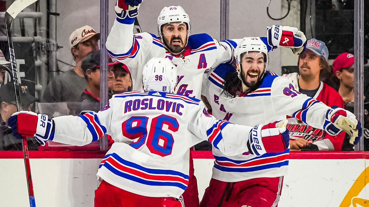 RALEIGH, NORTH CAROLINA - MAY 16: Chris Kreider #20 of the New York Rangers celebrates after a goal during the third period against the Carolina Hurricanes in Game Six of the Second Round of the 2024 Stanley Cup Playoffs at PNC Arena on May 16, 2024 in Raleigh, North Carolina.