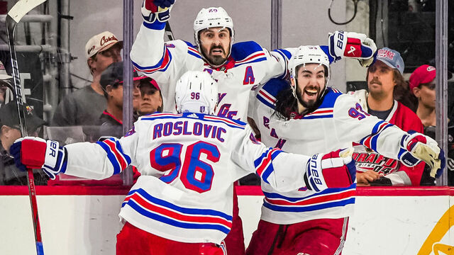 RALEIGH, NORTH CAROLINA - MAY 16: Chris Kreider #20 of the New York Rangers celebrates after a goal during the third period against the Carolina Hurricanes in Game Six of the Second Round of the 2024 Stanley Cup Playoffs at PNC Arena on May 16, 2024 in Raleigh, North Carolina.